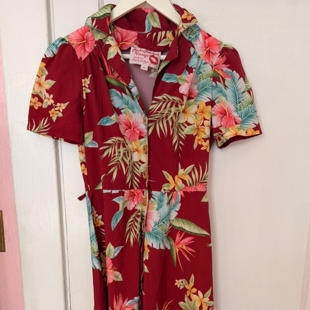 Rock N Romance Burgundy Charlene Shirtwaister Dress Tiki Tropical Hawaiian US 4